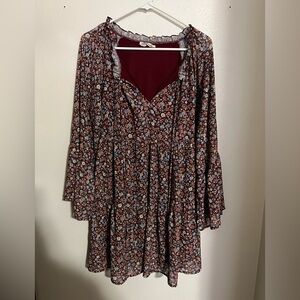 PEACH LOVE CALIFORNIA Floral Mini Dress with Bell Sleeves and Tie Women's Size S